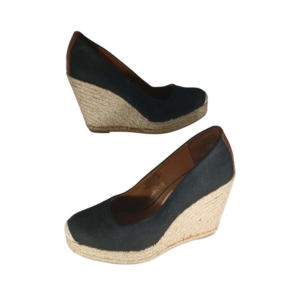 Nine‎ West Espadrille Wedge Pumps 9.5M Black Jute Vintage America Collection